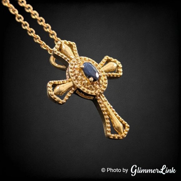 STS Karis Dark Blue Sapphire Religious Cross Gold Plated Pendant Necklace - Picture 5 of 13